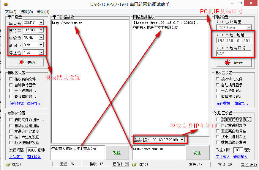 USR-TCP232-302服務(wù)器基本測試通信和使用案例